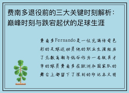 费南多退役前的三大关键时刻解析：巅峰时刻与跌宕起伏的足球生涯